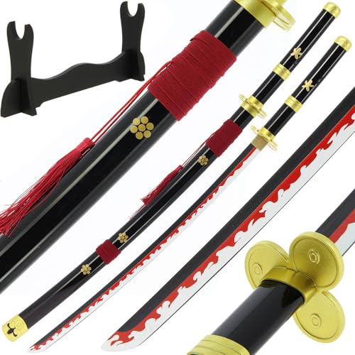 Anime Bamboo Wooden Sword Bokken Prop Cosplay Blunt Sheath Halloween 100cm with Table Stand (Emma - Black)