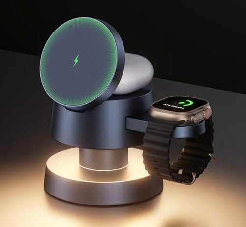 iVANKY 4 in 1 Wireless Charger for iPhone 17 Charging Station with Night Light, 15W 3 in 1 Travel Stand for MagSafe Charger for iPhone 17/16/15/14/13/12/11/X Pro/Max/Plus/Air Apple iWatch Airpods