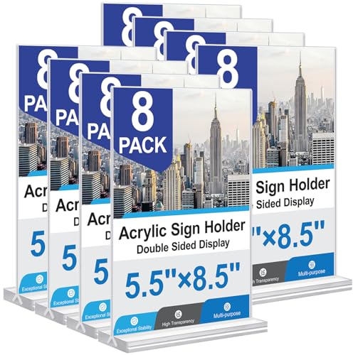 dulvus Acrylic Sign Holder 5.5x8.5 Inches 8 Pack, Double Sided Vertical Clear Display Stand, Plastic Frame Flyer Holder for Tabletop, Office, Restaurant, Store