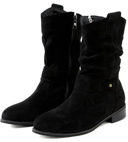 Générique Bottines Larges en Daim pour Femme Bout Pointu à Talon Bas Bottes mi-Mollet à Enfiler avec Boucle - Bottes de Marche Confortables et légères (Black, 40)
