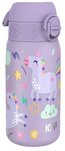 ion8 Kinder Trinkflasche Edelstahl Leicht 400ml Nicht Isoliert Auslaufsicher Einhandöffnung Sichere Verriegelung Spülmaschinenfest Klappdeckel Leicht zu Reinigen, Violett Einhorn