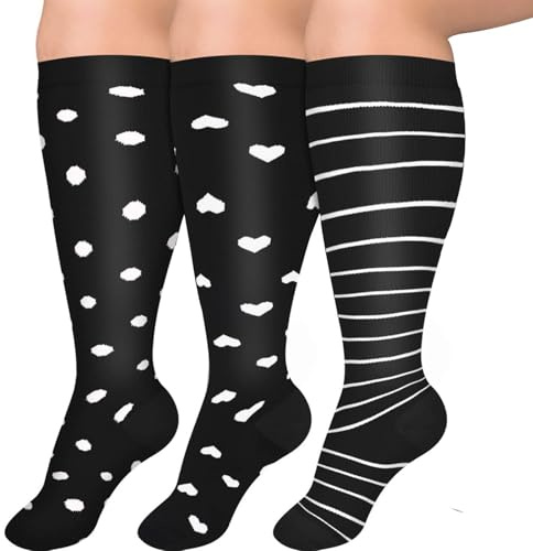 Valcatch 3 Pares de Calcetines de Compresión de Talla Grande para Mujer Pantorrilla Ancha Extra Rodilla Alto Soporte Circulación para Enfermeras Correr Embarazadas Calcetines de compresión