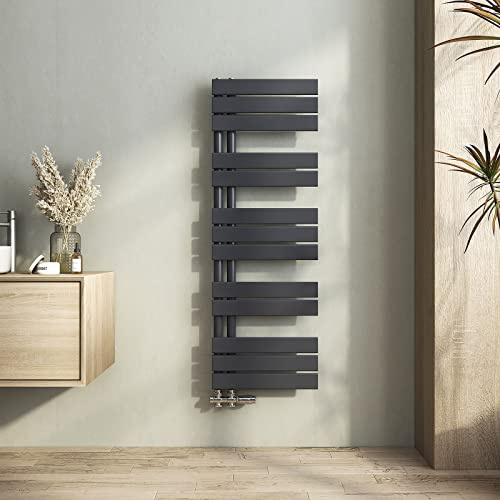 Heilmetz Radiador toallero de Tubo Plano 400 x 1176mm, radiador toallero electrico baño Caliente de una Cara, conexión Lateral para toallero de Agua Caliente, Antracita