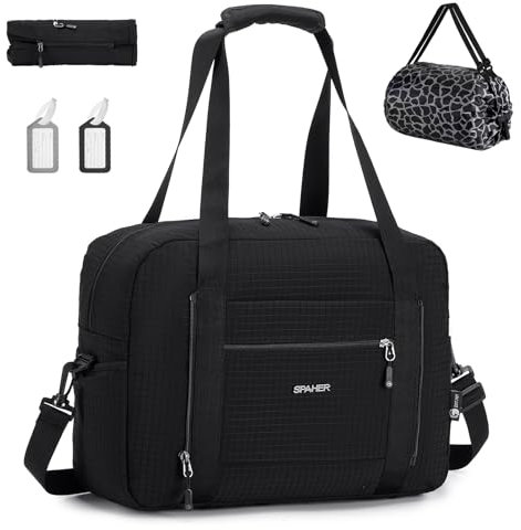 SPAHER Handgepäck Tasche 40x30x15 British Airways Air France Faltbare Reisetasche Sporttasche Groß Weekender Duffle Damen Herren Gym Bag Tasche wasserdichte Carry On Fitness Bag Schwarz