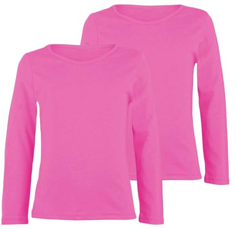 janisramone® Förpackning med 2 barn-t-shirts, unisex, enkla flickor och pojkar, långärmad t-shirt, ledig rund hals, stretchiga och bekväma pojkar flickor skoltröjor, Neon rosa, 11-12 År