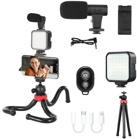 Smartphone Vlogging kit, for Apple & Android, includes USB-C & iPhone Lightning Cable, YouTube Starter Kit, Podcast Equipment, Tripod, Shotgun Mic, led Light, Phone Holder