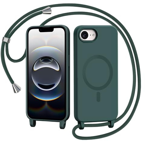 AOMYKE Handyband für iPhone 16e / iPhone 17e Hülle mit Band, Magnetisch Handyhülle kompatibel mit Magsafe zum Umhängen Schutzhülle mit Kette Kordel Weich TPU Liquid Silikon Case，Grün