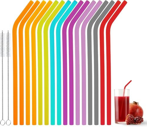 16 Pezzi Silicone Cannucce Riutilizzabile Colorato Ecologico Cannuccia per Adulto Bambini Cannucce da Viaggio con 2 Spazzole per Latte Succhi Yogurt Frullati Bubble Tea Caffè Cocktail