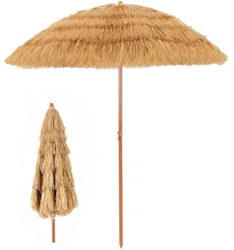 KOMFOTTEU Sonnenschirm Strand 200cm, Hawaiischirm Sonnenschutz, Bastschirm knickbar, Strohschirm mit Neuartiges Erscheinungsbild, Tiki Marktschirm für Garten, Balkon