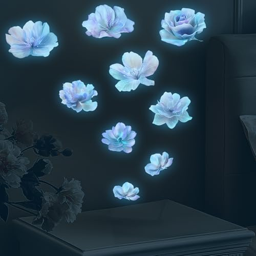 Hnonoxy 9 Adesivi da Parete con Fiori Luminosi, Blu, PVC + Rivestimento Fosforescente, 20 x 20 cm, Set da 9 Pezzi, Adesivi Murali per Camera da Letto, Stanze dei Bambini, Bagliore nel Buio