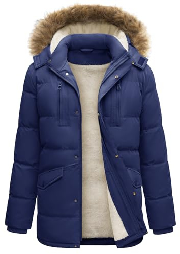 TOMEEK Herrrock lång parkas vadderad fleece dragkedja rockar utomhus vindtäta rockar huva dubbelskikt varm vinter quiltad jacka, marinblå, M