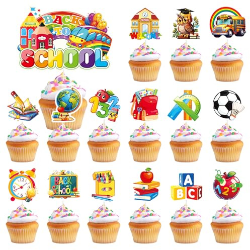 Back to School Cupcake Toppers Decorations – VARACL 32PCS Book, School Safe Cupcakes & Teacher Cupcake Toppers for the First Day of School Party,Kindergarten,Preschool Classroom Party Supplies