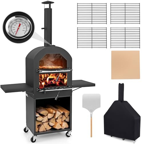 COSTWAY Forno per Pizza da Esterno con Ruote, Forno a Legna per Pizza con Copertura Protettiva, Pala per Pizza, Griglie e Termometro Integrato, per BBQ, Campeggio e Festa (Modello 1)