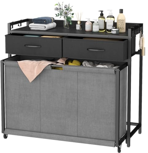 Feonase Large Laundry Basket with Wheels & 3 Compartments - 4 x 30L Laundry Sorter Bag for Washing, Dual-Drawer Laundry Storage Hamper, Ideal for Laundry Room, Bedroom, Bathroom