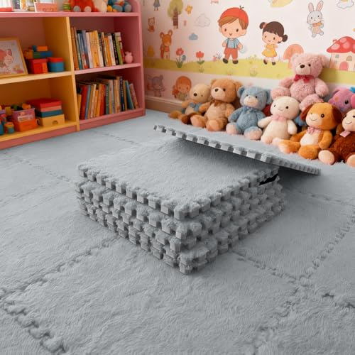 12 Stück Teppichboden Schaumstoffmatte, Plüsch Teppichfliesen, Ineinandergreifender Wohnzimmer Memory Foam Teppich (Weiß)