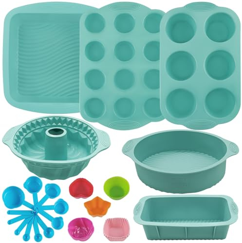 32PCS Silicone Baking Set, Nonstick Bakeware Set, Baking Cake Pan Cupcake Bread Loaf Muffin Baking Pan with Measuring Cups & Spoons
