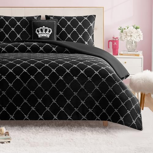 Juicy Couture Plush Reversible Trellis Link 4-Piece King Comforter Set with Decorative Pillow, Black