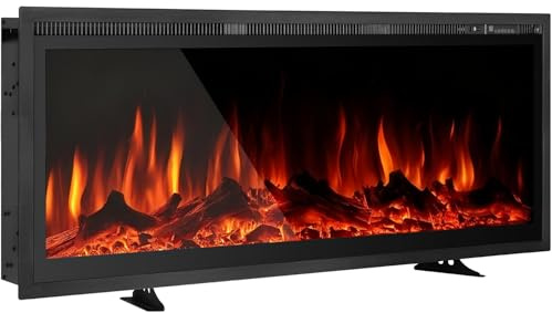 EROMMY Camino Elettrico Indipendente, Montaggio a Parete, Incasso, Effetto Fiamma a 9 Colori, Telecomando, 900W/1800W, Stufa Elettrica con Set di Cristalli e Ceppi (91.4cm)