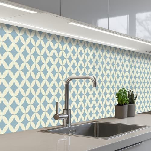 KitchenYeah© Paraschizzi Cucina Adesivo Pannello Parete Paraspruzzi per | 60x350 cm - Piano Cottura Geometrico - Fiore - Motivo - Blu