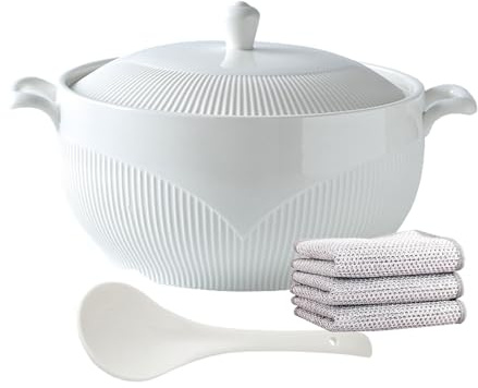 YLME Sopera Blanca con Dos Asas, Cuencos De Cerámica para Servir Sopa De Estilo Japonés, con Tapa Y Cuchara De Cerámica, De Porcelana, Aptos para Microondas, para Cocinas Domésticas.,3000ml/2.72qt