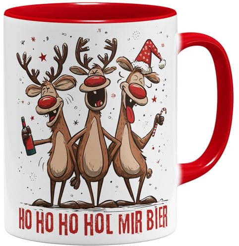 OM3® lustige Weihnachts Kaffee-Tasse mit Spruch - Ho Ho Ho Hol mir Bier - betrunkene Rentiere Christmas - Keramik Becher - 325ml - Beidseitig Bedruckt - Rot