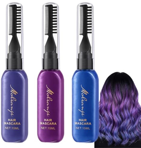 3 Colours Instantly Hair Dye - Temporary Hair Mascara - Purple Blue & Violet Hair Colour Stick - Washable Hair Chalk for Girls Women and Men - Works with Hair Chalk Comb - For Birthday Cosplay DIY