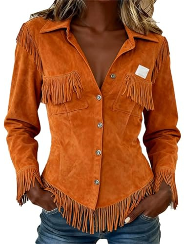 Women's Vintage Western Cowgirl Suede Shirt - Long Sleeve Button Down Slim Fit Fringe Design, Stylish Top for Retro Casual Outfits and Themed Gatherings(1E-Orange, L)