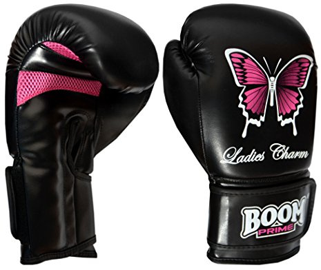 BOOM Prime Women’s Boxing Gloves – Rex Leather, 8oz 10oz 12oz – Kickboxing, MMA, Muay Thai, Punch Bag, Sparring & Training Gloves for Ladies (Black, 12oz)