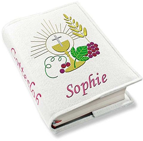 Gotteslob Gotteslobhülle Hülle Kelch Traube Filz mit Namen bestickt Einband Umschlag personalisierte Gesangbuchhülle, Farbe:weiß
