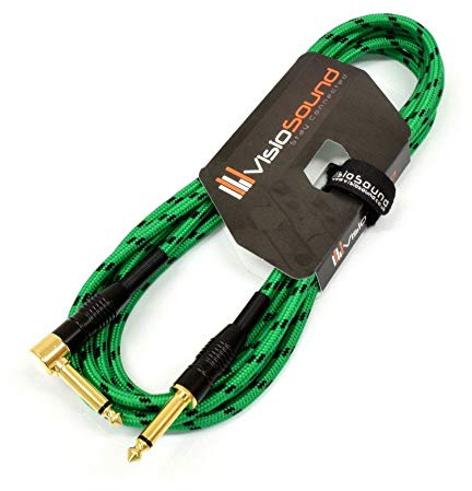Pro Guitar Lead 6.35mm Angled Jack Braided Instrument Cable, Green/Black 6m | Premium Noiseless OFC Instrument Cable for Electric Guitar, Bass, Keyboard
