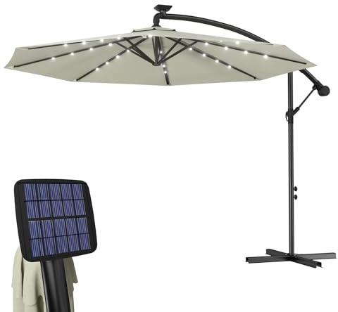 Froadp Höhenverstellbar Ampelschirme mit Kurbel Alu Sonnenschirme UV40+ Sonnenschutz Balkonschirm Windfest Gartenschrime Wasserdichte Marktschirm für Patio Terrase (Ø300cm mit LED, Beige)