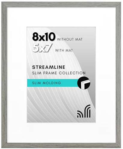 Americanflat 8x10 Photo Frame in Grey - Use as Thin Border 7x5 Photo Frame with Mount or 8x10 Frame Without Mount - Picture Frame with Shatter-Resistant Glass and Easel for Wall and Tabletop Display