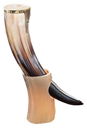 THE ANTIQUE HOUSE Viking Drinking Horn Mug Genuine Polished Ox Horn Mug with Stand for Beer, Wine, Mead