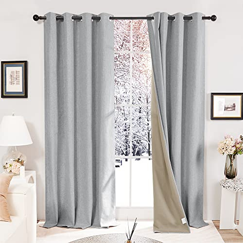 Deconovo Faux Linen Full Blackout Curtains Eyelet Energy Saving Thermal Curtains for Bedroom Blue Grey W52 x L84 Inch One Pair