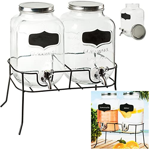 alles-meine.de GmbH Set: 2 * 4 Liter - großer Getränkespender - Glas - mit Zapfhahn & Deckel + Metall Ständer/Saftkanne/Zapfhahnflasche - Wasserkanister Wasserspender - Campi..