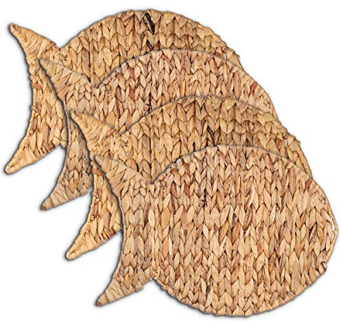Woven Fish Placemats Set of 4 (12x17) – Water Hyacinth Placemats Indoor – Farmhouse Placemat for Dining Table – Boho Place mats – Wicker Rattan Place mats