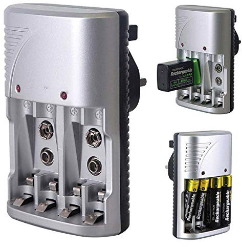 AA AAA Battery Charger 4 Bay with Plug, Fast Battery Charger for AA AAA & 9V(PP3) Sizes NiMH or NiCD Rechargeable Battery (Battery Not Included)