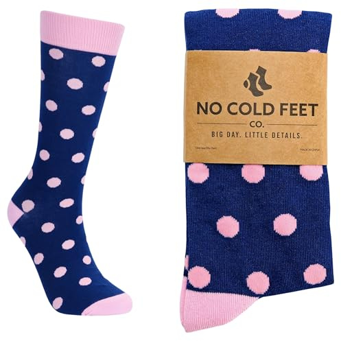 No Cold Feet Fun Colorful Novelty Socks for Men for Dress Casual Formal Groomsmen Wedding, Navy with Pink Polka Dots, Size M (8-13)