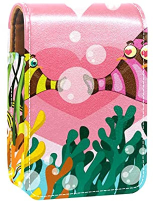 Fish Couple Korallen-Lipgloss-Halter, Lippenstift-Etui, tragbare Make-up-Tasche, Reise-Lippenstift-Organizer, Etui mit Spiegel, Mini-Lippenstift-Aufbewahrungsbox für Frauen, Mehrfarbig, 9.5x2x7