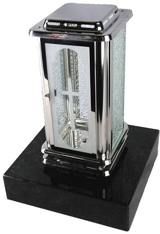 designgrab Grablampe Royal Edelstahl mit Kreuz & Sockel 20×20×5 cm aus Granit – Glasfenster austauschbar, witterungsbeständig Schwedisch