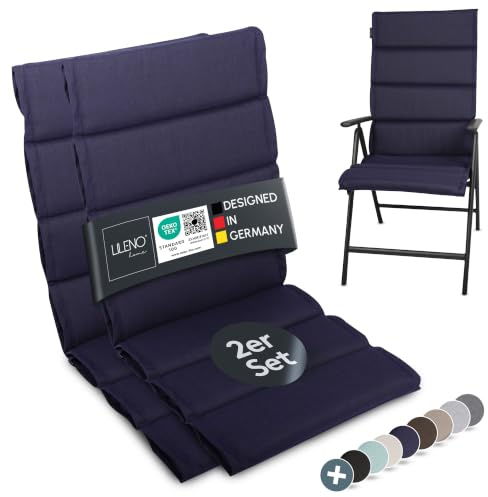LILENO HOME Gartenstuhl Auflagen als [2er Set - Hochlehner] in Dunkelblau | bequeme Liegen als Sitzauflagen für Gartenmöbel - Stuhlkissen für Gartenstühle und Klappstühle