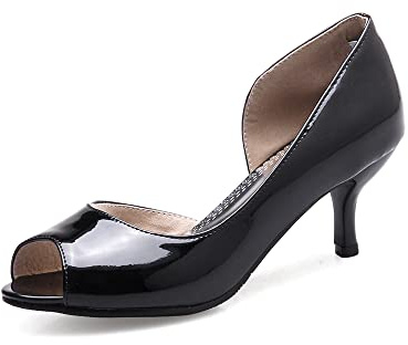 Z54311 Escarpins décontractés à enfiler en cuir verni avec bout ouvert et talon moyen pour femme 6 cm, Noir , 41 EU