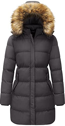 WenVen Abrigo Largo de Invierno para Mujer Chaqueta Acolchada A Prueba de Viento Chaqueta Acolchada Gruesa Abrigo Acolchado Cálido Parka de Invierno con Capucha de Piel Sintética Gris M