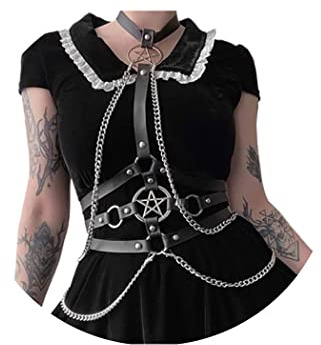 Jerany Punk Schwarz Leder Körperkette Gothic Body Brustgeschirr Pentagramm Nachtclub Körperzubehör für Frauen, Einheitsgröße, Metalllegierung