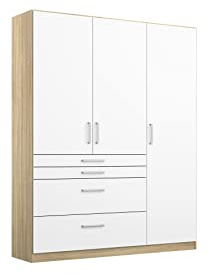 Rauch Möbel HARBURG, Kleiderschrank, Farbe Weiß/Eiche Sonoma, Breite 136 cm | Schrank, 3-türig, 4 Schubladen, für Schlafzimmer, Kinderzimmer, Wohnzimmer, Garderobe, Flur