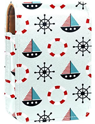 Nautical Sailing Lifebuoy Portable Lipstick Case for Traveling,Mini Lipstick Storage Box with Mirror for Women Ladies, Leather Cosmetic Pouch