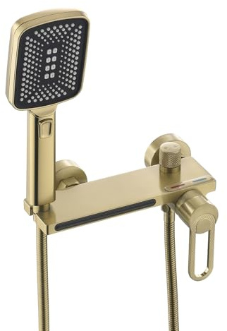 XJTNLB Robinet de Baignoire avec Douchette Mitigeur Douche Or Brossé, Mitigeur Cascade Baignoire Robinet Bain Douche Mural en Laiton