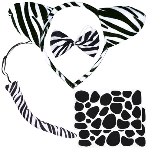 LXWINNER 5 Stück Zebra Kostüm Set,Tiere Zebra Ohren Stirnband Fliege Schwanz Selbstklebendee Aufkleber,Zebras Kostüm Kinder,Halloween Kostüm Faschingskostüme Zubehör für Fasching Cosplay Party