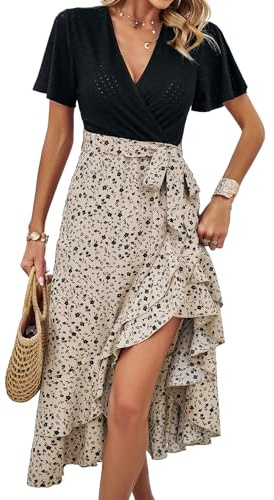 IFFEI Sommarklänning, dam, elegant, slits, boho, blomklänning, lätt, knälång, fritidsklänning med bälte, Aprikos, L