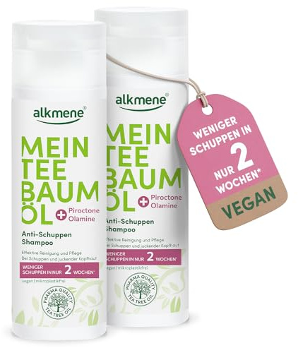 alkmene Mein Teebaumöl Anti Schuppen Shampoo weniger Schuppen in 2 Wochen | 2x 200 ml Shampoo gegen Schuppen & juckende Kopfhaut - klimaneutrales Antischuppen Haarshampoo mit naturreinen Teebaumöl